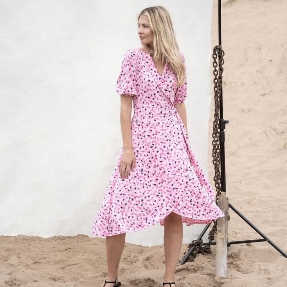 Annabella Pink and White Ruffled Wrap Midi Dress